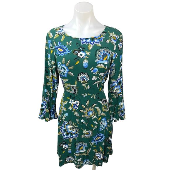 Old Navy Green Floral Print Bell Sleeves Fit & Flare Knee Length Sheath Dress 4 - Picture 1 of 5